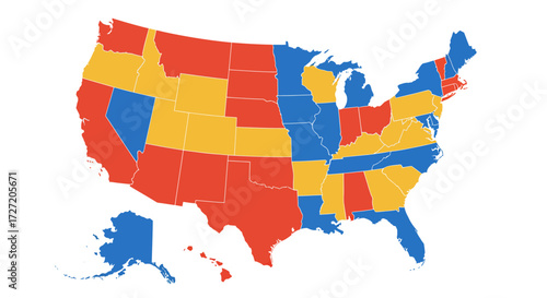 A detailed infographic map of the United States with each state colored in red, blue, or yellow to represent statistical data or political divisions