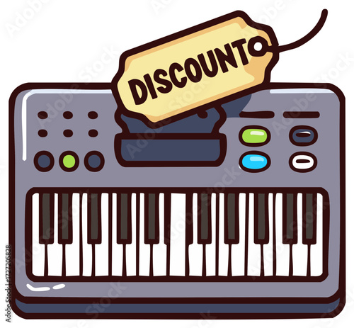 Electronic keyboard with a discount tag advertisement for sale promotion