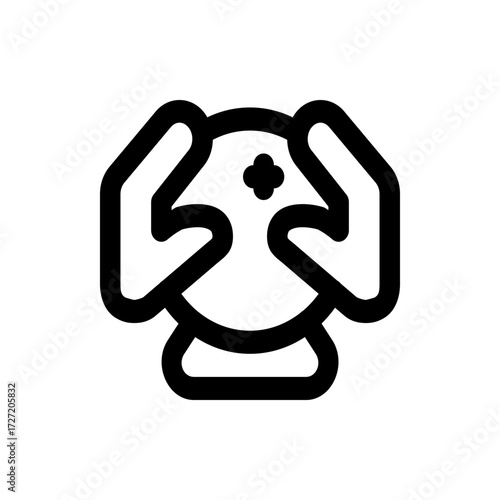 A simple black and white icon depicting two hands holding a crystal ball with a four pointed star symbol on it