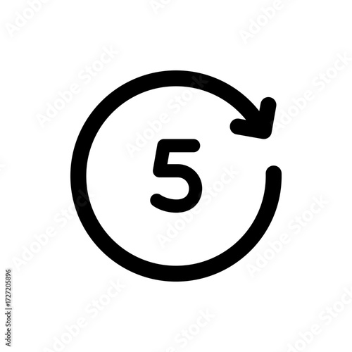 A simple black outline of a circular arrow with the number five inside, isolated on a white background