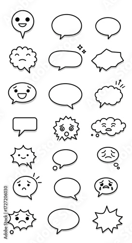 A versatile collection of black outline speech and thought bubbles with diverse emotional expressions, perfect for conveying messages and feelings in graphic design projects and digital communication