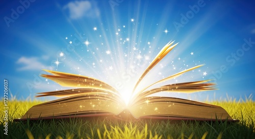 Open Book with Magical Light Shining. An open book is emitting magical light and sparkles, symbolizing knowledge, imagination, storytelling, and the power of reading.
