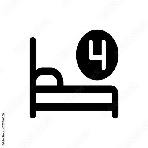 A black and white icon depicting a bed with a circular symbol containing the number four on a white background