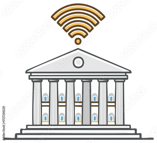 Classic building with columns and Wifi symbol indicating internet access and digital resources offered by the institution or organization