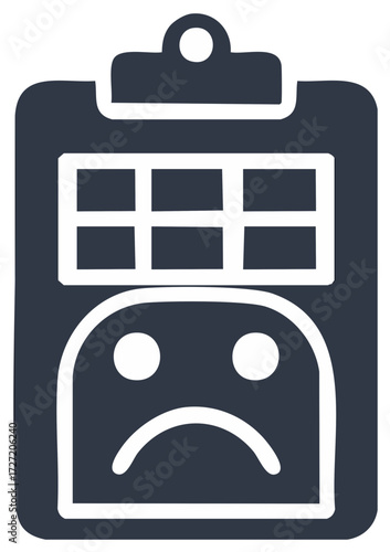 Sad face icon on clipboard with rating grid and hanging clip