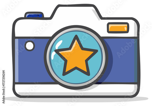 Cartoon camera with a star on its lens celebrating photography and achievement