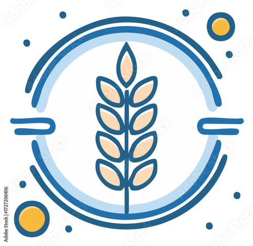 Modern wheat stalk icon in a blue circle. Vector illustration for agriculture, food science, and biotechnology.