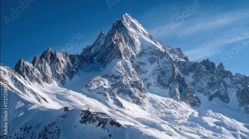 A breathtaking view of the Mont Blanc massif, showcasing its snow-covered peaks against a clear blue sky.