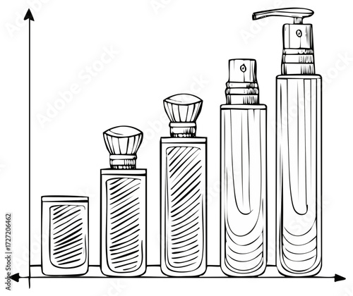 Hand drawn beauty product bottles arranged as a bar chart symbolizing growth trend