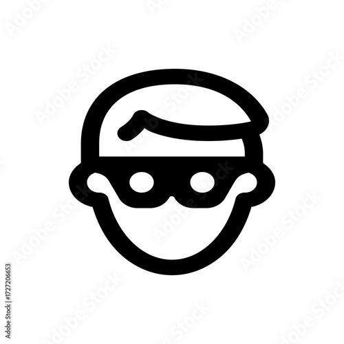 A simple black and white icon depicting a person wearing a mask and a hat with a smiling expression