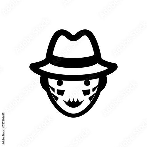 A stylized icon of a face wearing a hat with decorative markings and a simplified toothy smile design