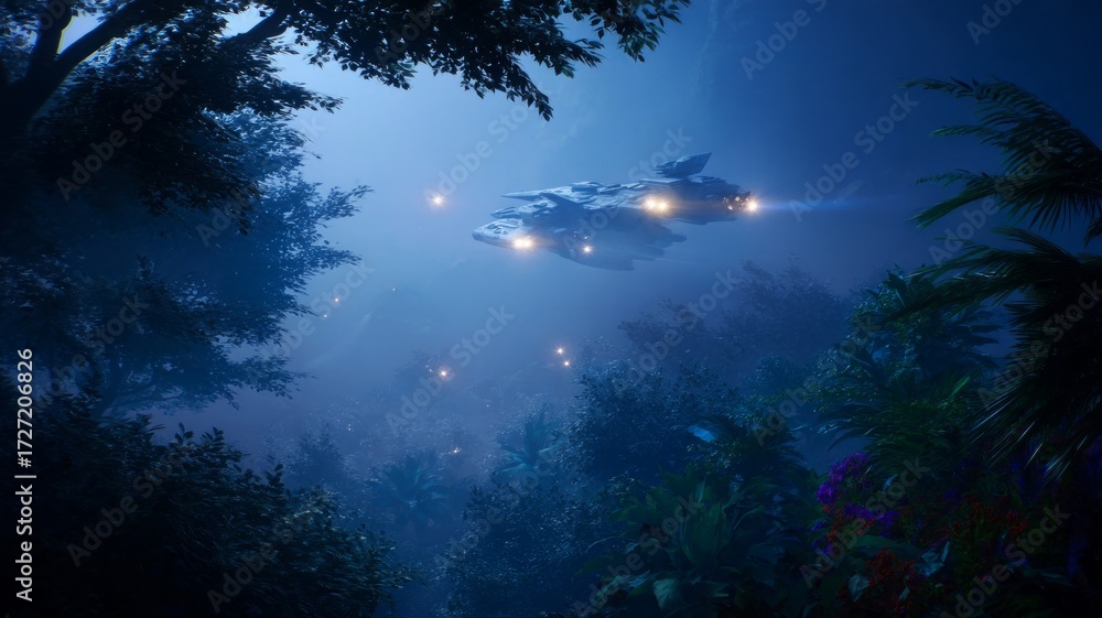 Fototapeta premium Sci-fi aircraft soaring through lush forest. AI image