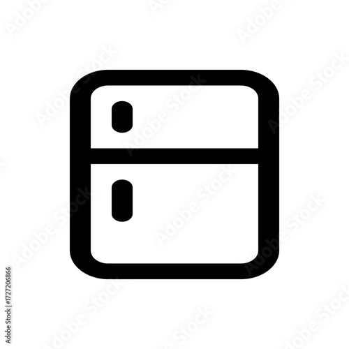A simple black and white icon depicting a refrigerator with two compartments on a white background view