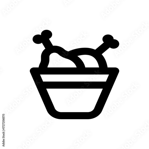 A simple black and white icon depicting a bucket filled with fried chicken drumsticks in a minimalist style
