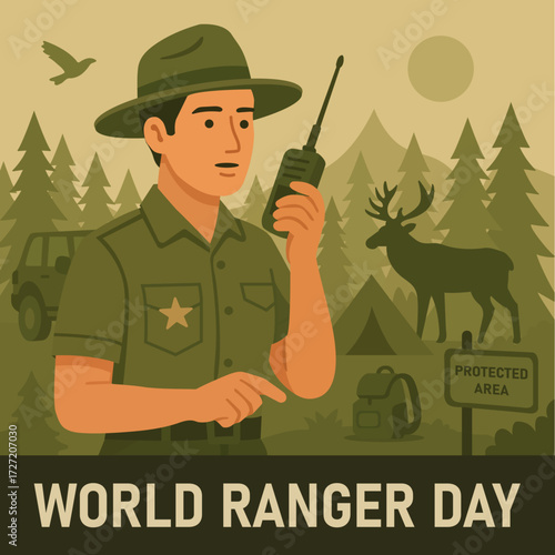 Ranger with walkie-talkie in forest near tent, jeep, and deer in a protected area. Flat vector illustration for World Ranger Day with mountains and nature scenery. Vector image. EPS 10