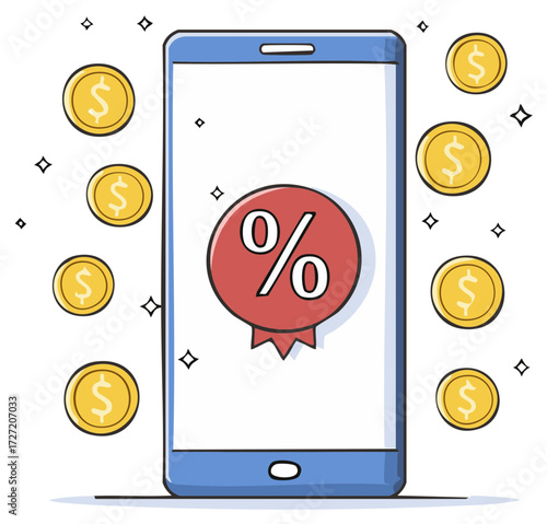 Smartphone with percentage symbol and dollar coins illustrating mobile banking rewards and online sales