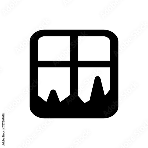 A simple black and white icon depicting a window with an abstract landscape visible through the glass pane