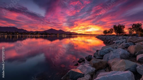 Fiery sunset over tranquil lake. AI image