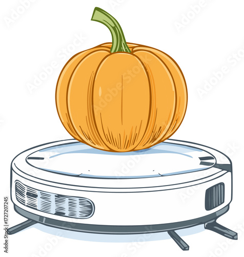 A bright orange pumpkin sits on a white robot vacuum, illustrating a fusion of natural harvest and smart home tech.