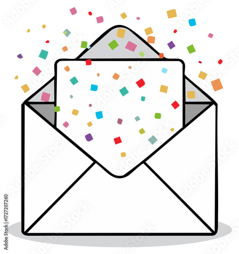 Festive party invitation with an open envelope and exploding colorful confetti