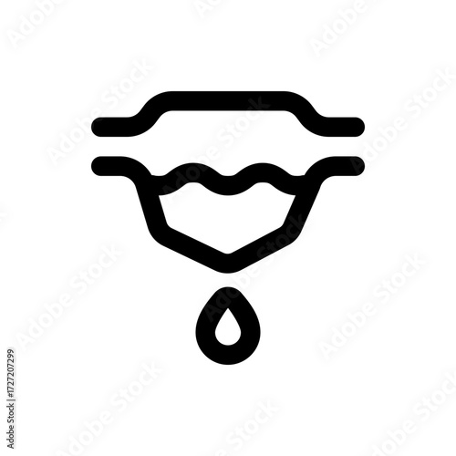 A black and white graphic illustration of a water filtration system with a single water droplet falling