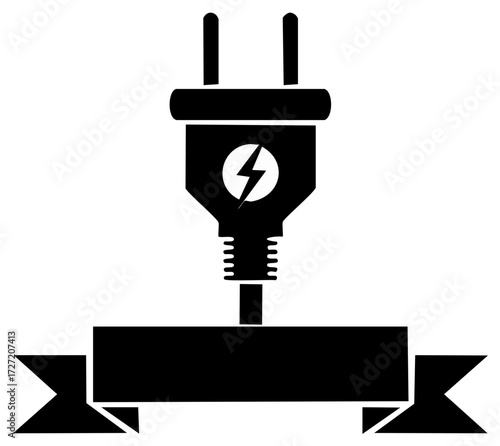 Modern Electric Plug Icon with Bolt Symbol above a Decorative Ribbon Banner on a Plain Background