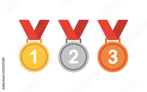 Gold Silver and Bronze Medals with Red Ribbons on White Background award winner