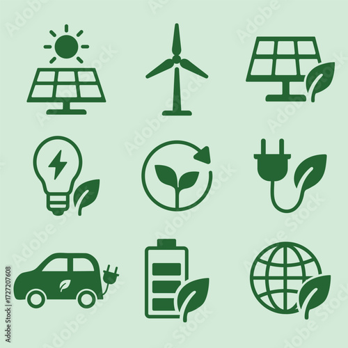 Set of 9 monochrome green icons symbolizing renewable energy sources and eco-friendly technologies: solar panels, wind turbine, electric vehicle, battery, lightbulb, recycling, power plug, planet
