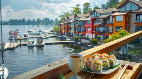 Colorful waterfront cityscape with sushi