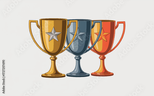 Gold Silver and Bronze Trophies with Stars Lined Up on a Light Gray Background trophy award