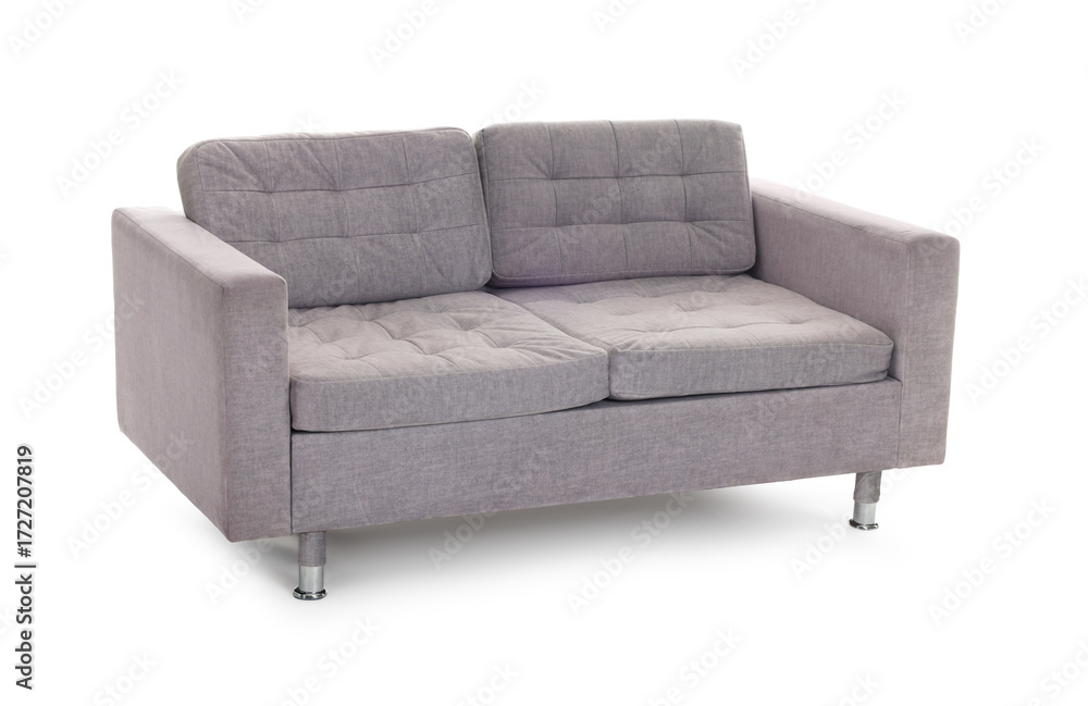 Fototapeta premium Comfortable gray sofa isolated on white. Used stuff