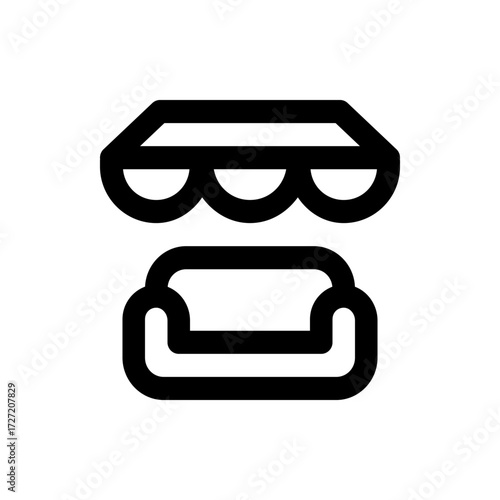 A simple black and white icon depicting a stylized couch underneath a canopy or awning structure design