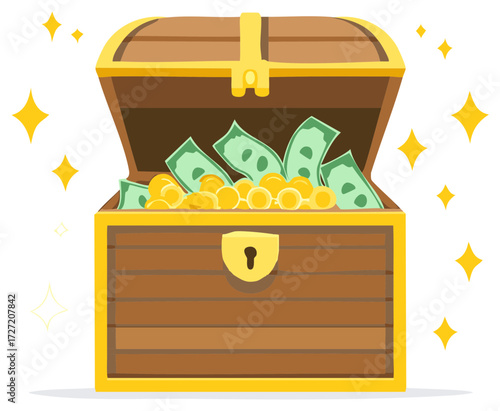 Treasure chest overflowing with gold coins and cash, symbolizing wealth and success