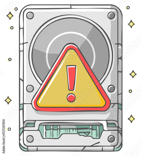 Damaged hard drive with a warning sign cartoon for system error or data loss concept