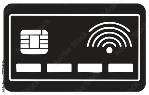 A modern bank card icon showing contactless payment technology and a security microchip