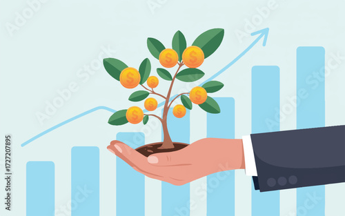 Hand Holding Money Tree With Coins Growing Against Financial Growth Chart vector illustration