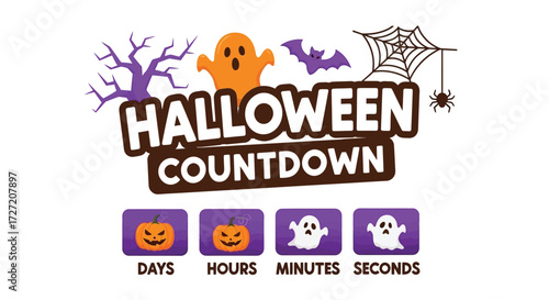 Halloween countdown graphic with ghost bat spiderweb and pumpkins