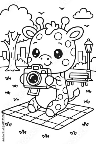 Cute giraffe takes a picture in a park coloring page for children