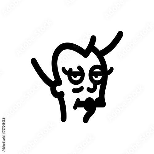 A simple black and white line drawing of a stylized face with exaggerated features and a playful expression