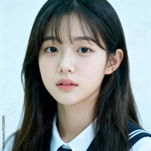 a Korean long-haired innocent female student in Y2K style