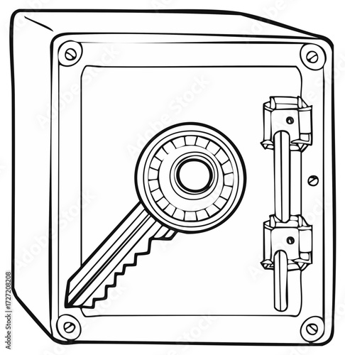 Safe or vault outline drawing with combination lock and key for security and protection