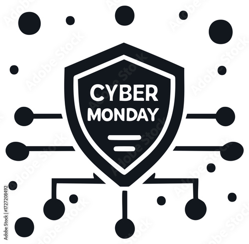 Cyber Monday shield icon with network connections and digital dots