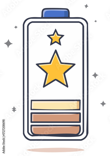 Doodle illustration of a battery with a low charge level and sparkling yellow stars inside