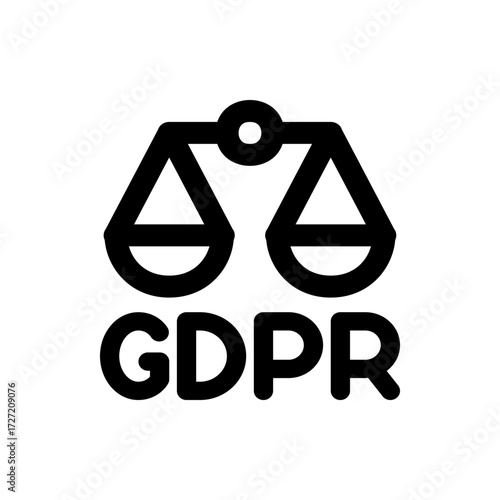 A simple black and white icon depicting scales of justice above the gdpr acronym in a minimalist style