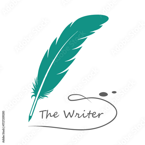 Teal feather quill pen with cursive text The Writer and ink splatters writing