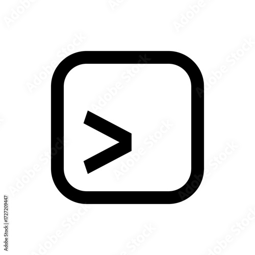 A simple square icon featuring a greater than symbol in bold black lines on a white background minimalist design