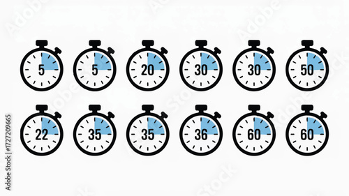 Twelve stopwatch icons showing different time intervals on a white background timer clock