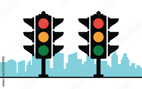 Two Traffic Lights Facing Each Other with a Blue City Silhouette Background signal stoplight