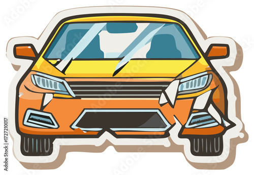 Damaged Car with Broken Headlights and Fender in Cartoon Style