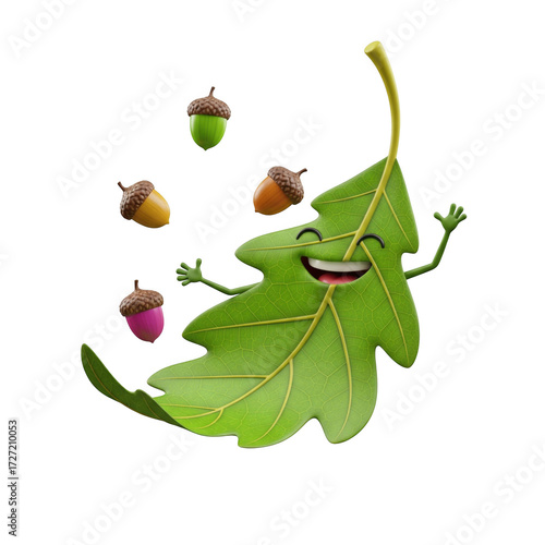 Animated leaf character merrily welcoming colorful acorns in a playful design